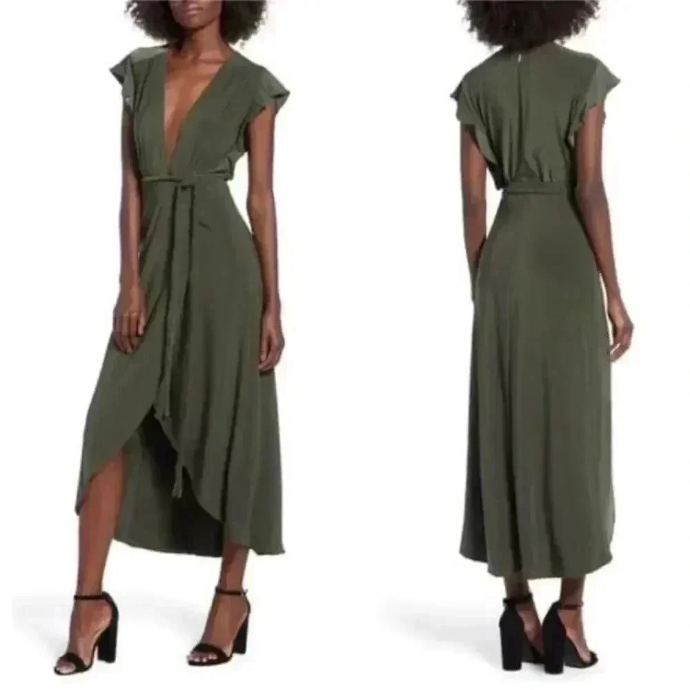 Misa Los Angeles Olive Green Midi Wrap Dress